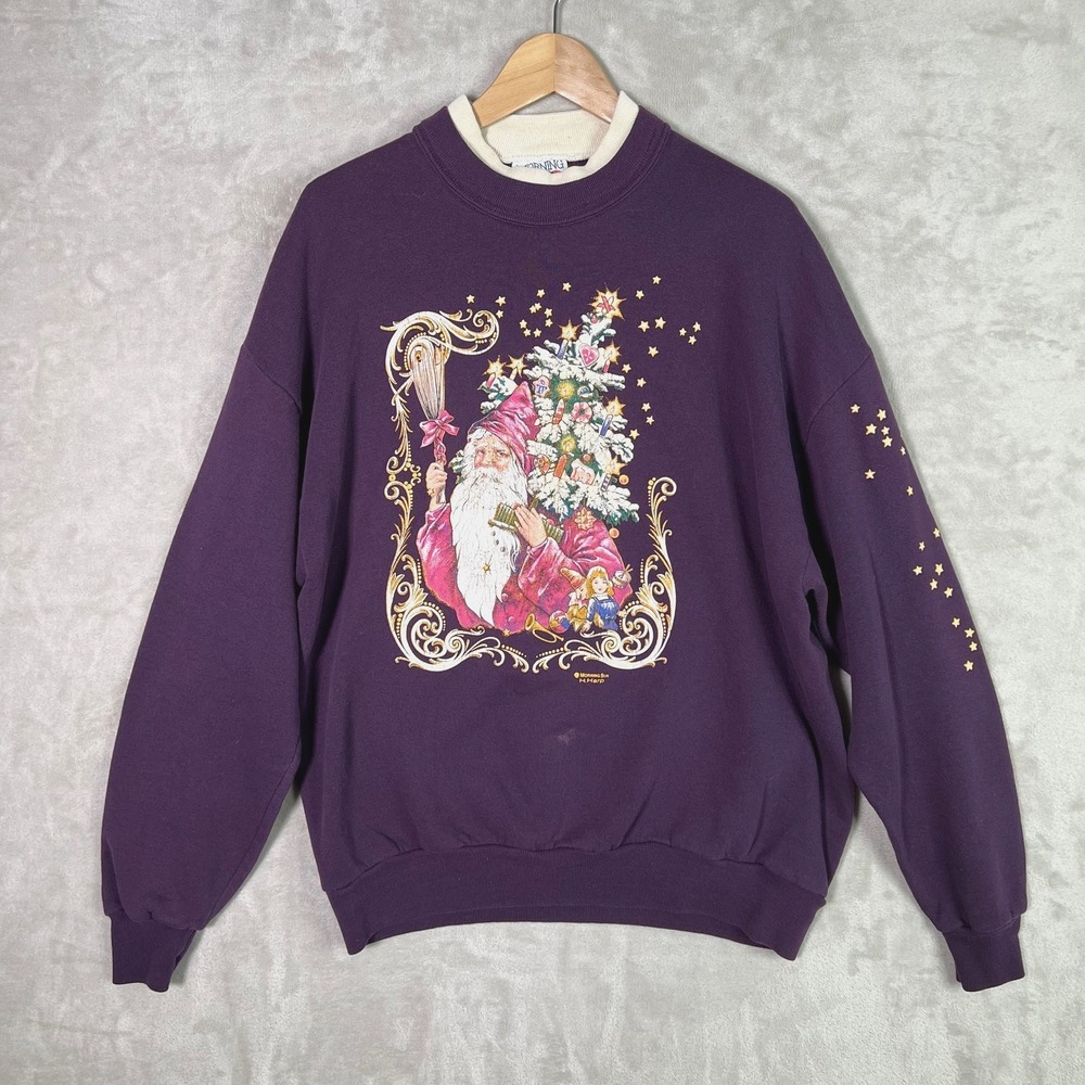 Vtg 80s 90s Morning Sun Christmas Boho Santa Pull Over Sweatshirt Womens XL